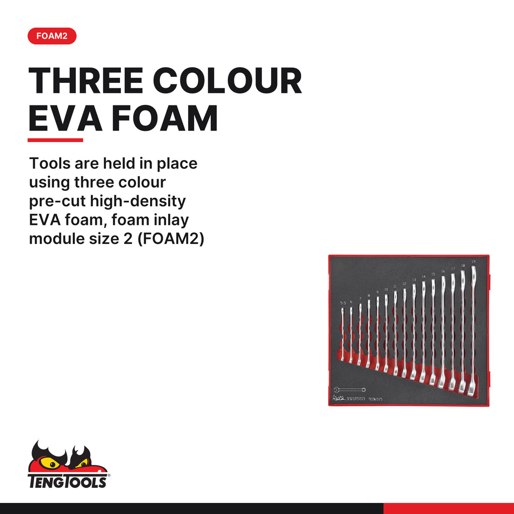 Teng Tools TED6515 Combination Spanner Set FOAM2 15 Pieces, tools are held in place using three colour pre-cut high-density e