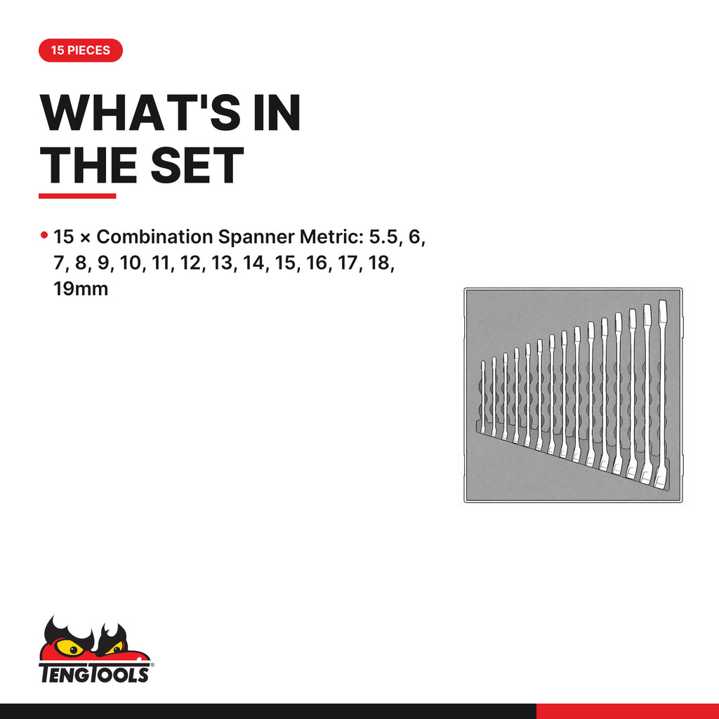 Teng Tools TED6515 Combination Spanner Set FOAM2 15 Pieces, what's in the tray