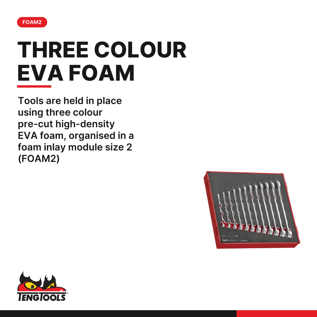 Teng Tools TED8012 Combination Spanner Set Anti Slip FOAM2 12 Pieces, tools are held in place using three colour pre-cut high