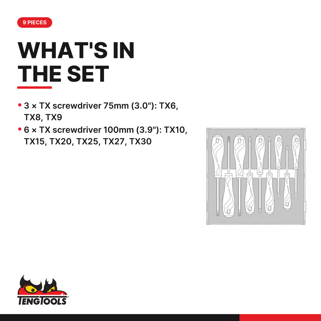 Teng Tools TED909TXN Screwdriver Set TX FOAM2 9 Pieces, what's in the tray