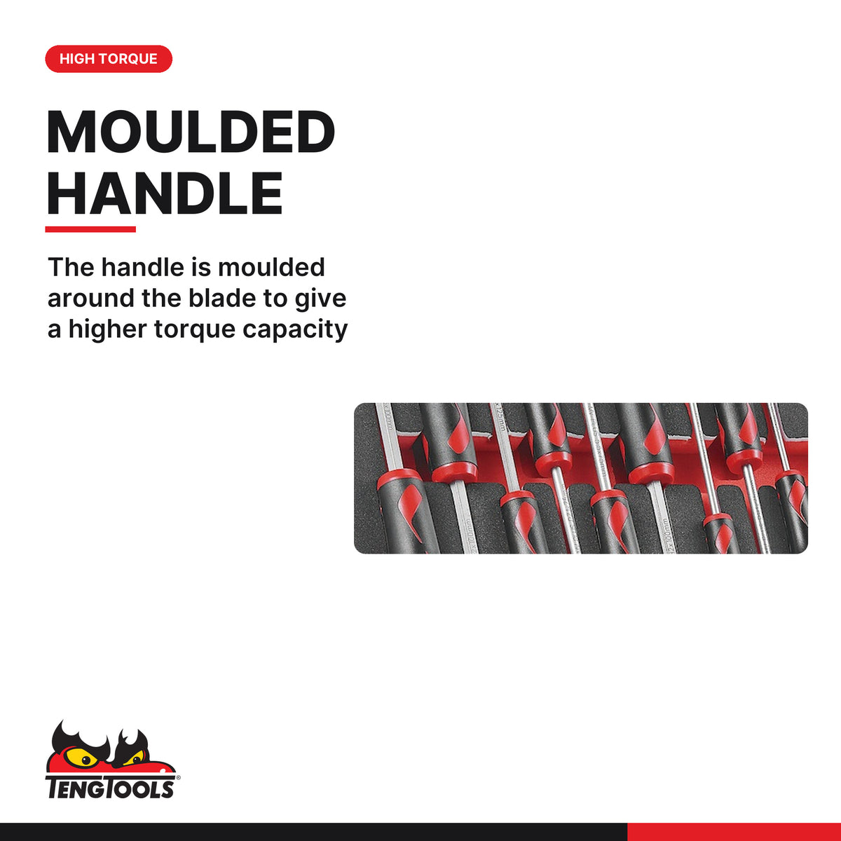 Teng Tools TED911N Screwdriver Set Mixed FOAM2 11 Pieces, the handle is moulded around the blade to give a higher torque capa