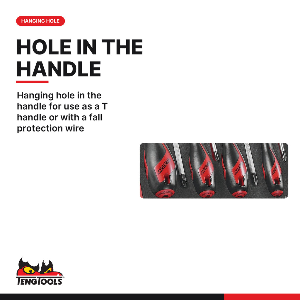 Teng Tools TED911N Screwdriver Set Mixed FOAM2 11 Pieces, hanging hole in the handle for use as a t handle or with a fall pro