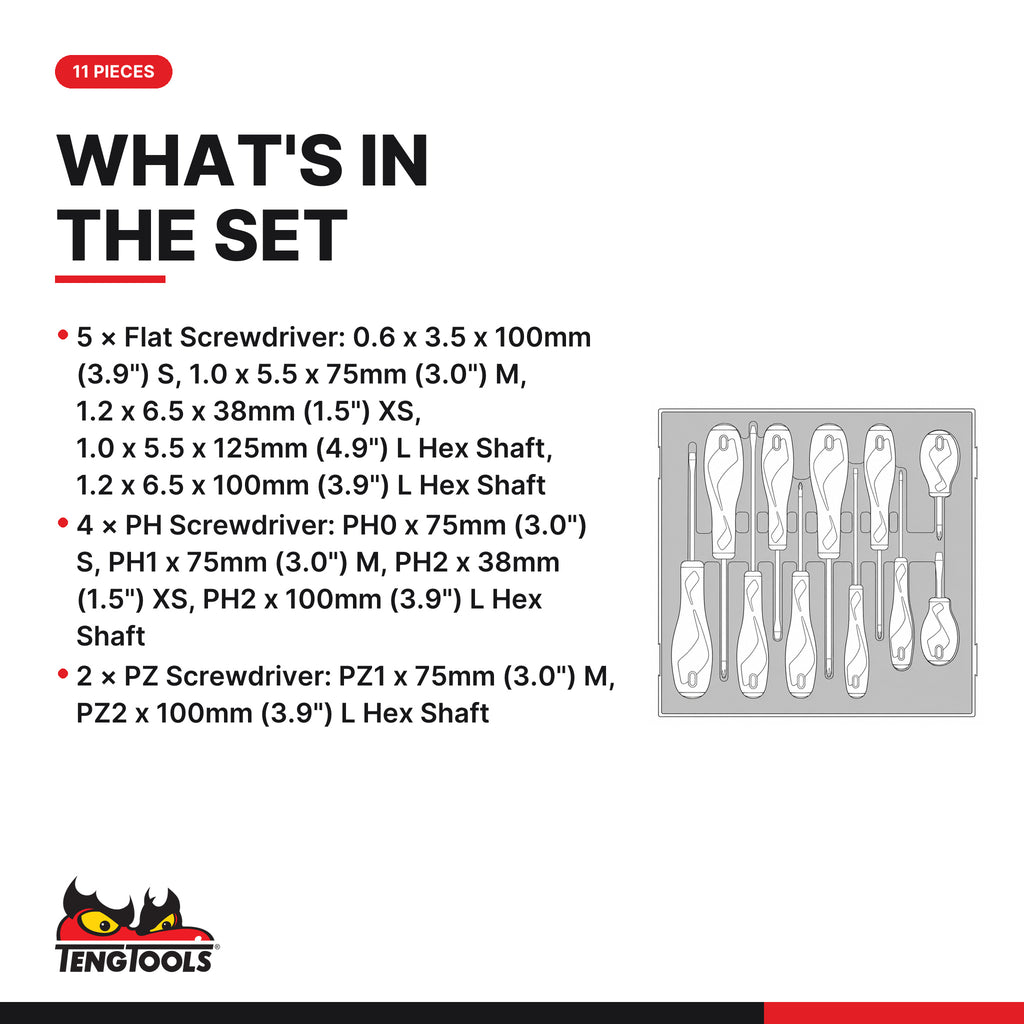 Teng Tools TED911N Screwdriver Set Mixed FOAM2 11 Pieces, what's in the tray