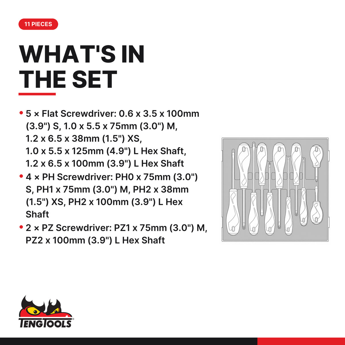 Teng Tools TED911N Screwdriver Set Mixed FOAM2 11 Pieces, what's in the tray
