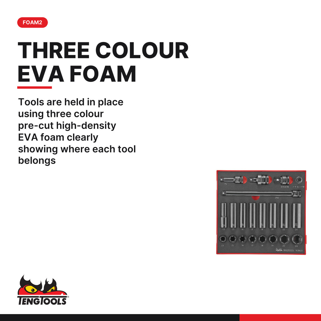 Teng Tools TED9121 21 Piece 1/2 Drive CrMo Impact ANSI Metric Socket, tools are held in place using three colour pre-cut