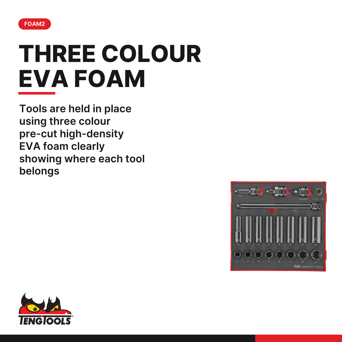 Teng Tools TED9121 21 Piece 1/2 Drive CrMo Impact ANSI Metric Socket, tools are held in place using three colour pre-cut