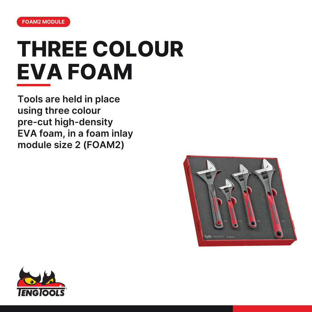 Teng Tools TEDADJ4 Adjustable Wrench Set FOAM2 4 Pieces, tools are held in place using three colour pre-cut high-density eva 