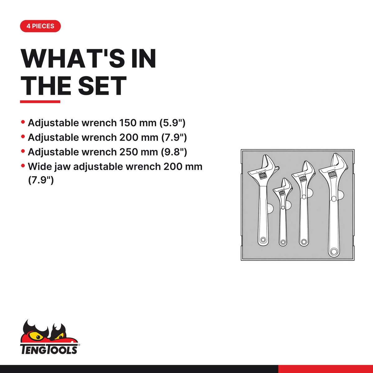 Teng Tools TEDADJ4 Adjustable Wrench Set FOAM2 4 Pieces, what's in the tray