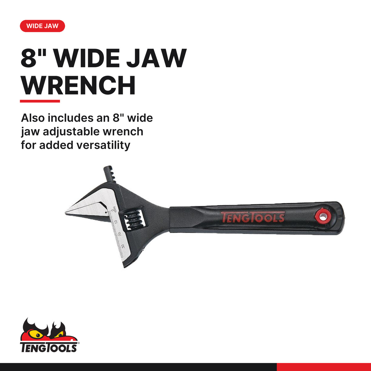 Teng Tools TEDADJ4 Adjustable Wrench Set FOAM2 4 Pieces, also includes an 8" wide jaw adjustable wrench for added versatility