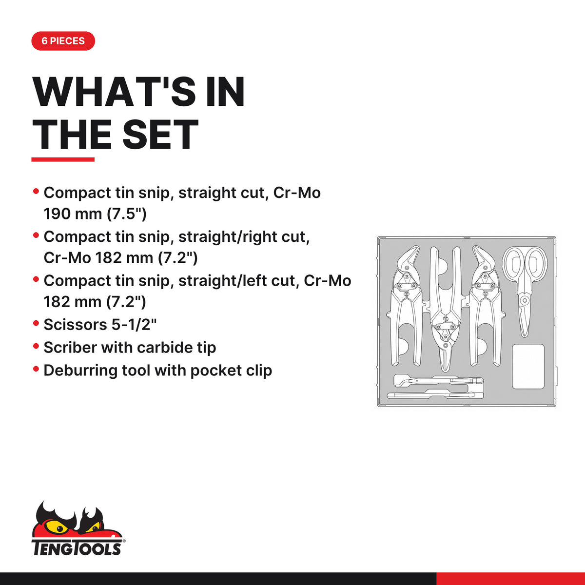 Teng Tools TEDCT06 Industrial cutting tool set FOAM2 6 pieces, what's in the tray