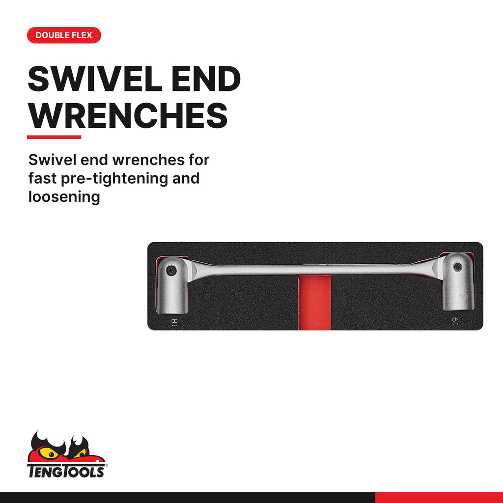 Teng Tools TEDDF7 Double Flex Wrench Set FOAM2 7 Pieces, swivel end wrenches for fast pre-tightening and loosening