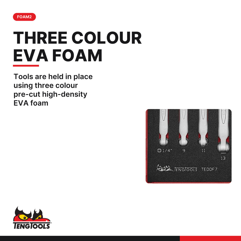 Teng Tools TEDDF7 Double Flex Wrench Set FOAM2 7 Pieces, tools are held in place using three colour pre-cut high-density eva 