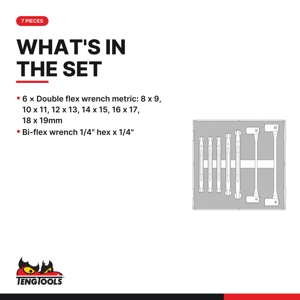 Teng Tools TEDDF7 Double Flex Wrench Set FOAM2 7 Pieces, what's in the tray
