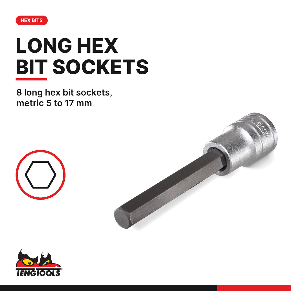 Teng Tools TEDLBS17 1/2" Long Hex & TX Bit Socket Set FOAM2 17 Pieces, 8 long hex bit sockets, metric 5 to 17 mm