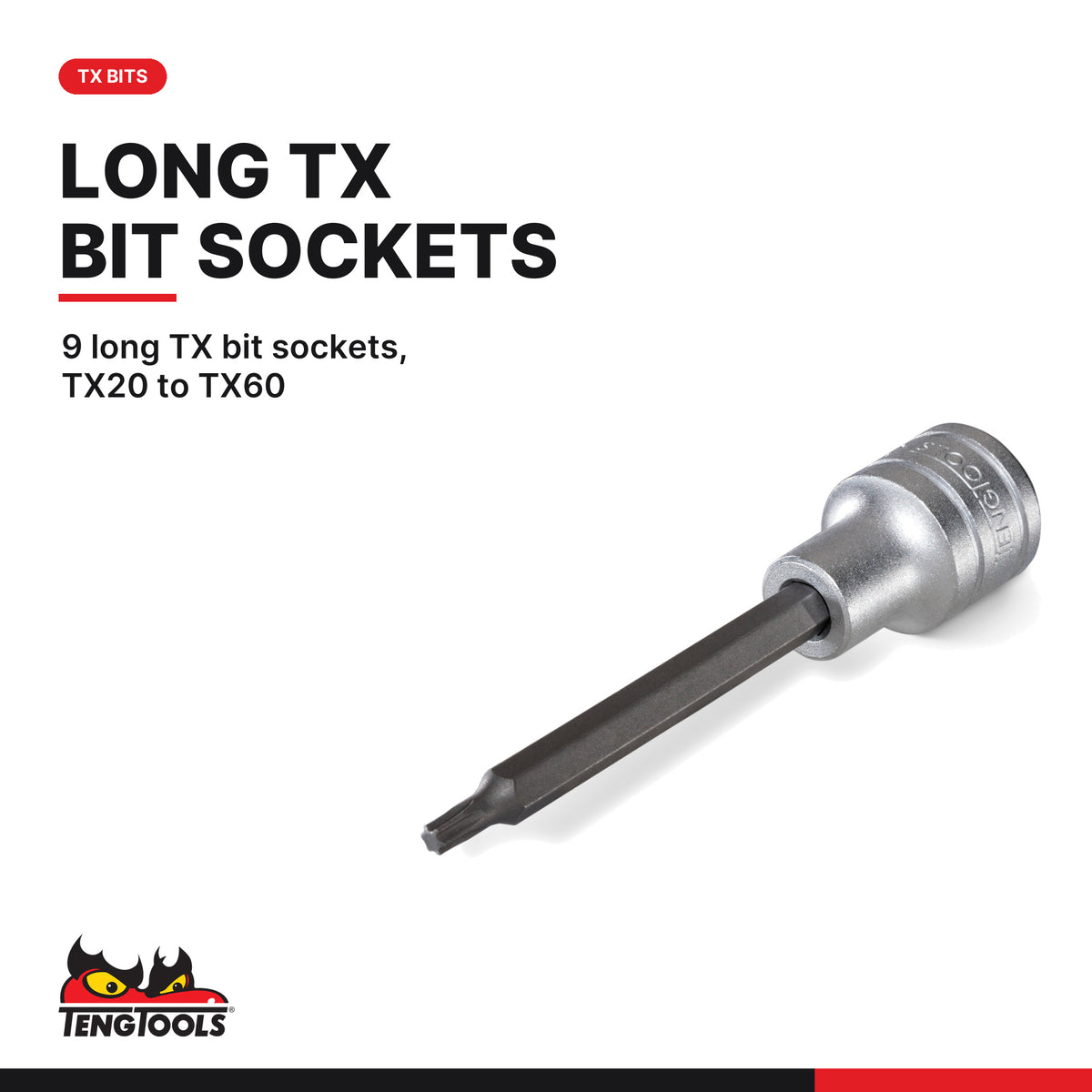 Teng Tools TEDLBS17 1/2" Long Hex & TX Bit Socket Set FOAM2 17 Pieces, 9 long TX bit sockets, TX20 to TX60