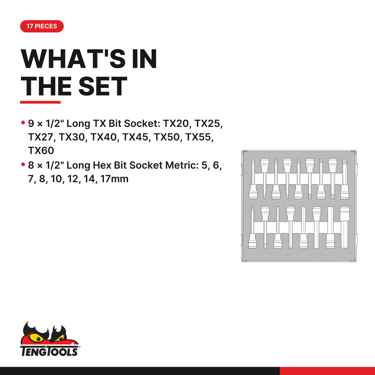 Teng Tools TEDLBS17 1/2" Long Hex & TX Bit Socket Set FOAM2 17 Pieces, what's in the tray