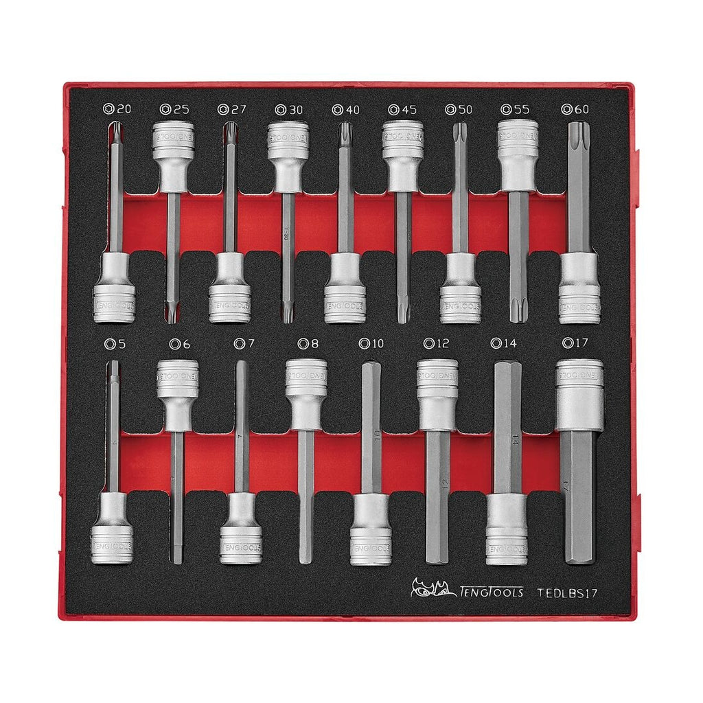 Teng Tools TEDLBS17 1/2" Long Hex & TX Bit Socket Set FOAM2 17 Pieces on a white background