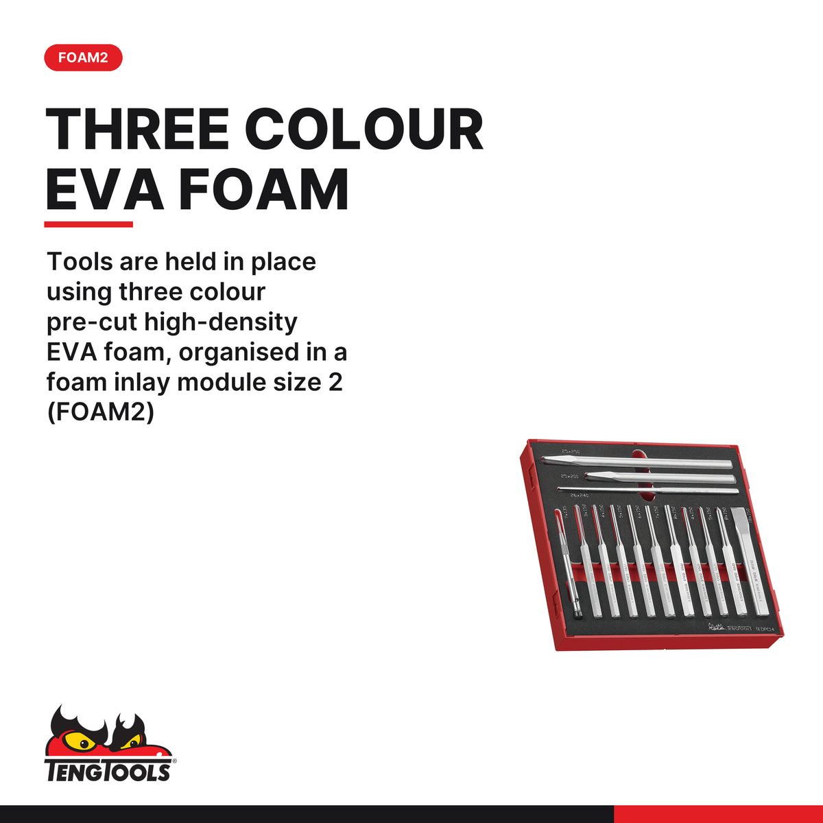 Teng Tools TEDPC14 Punch & Chisel Set FOAM2 14 Pieces, tools are held in place using three colour pre-cut high-density EVA