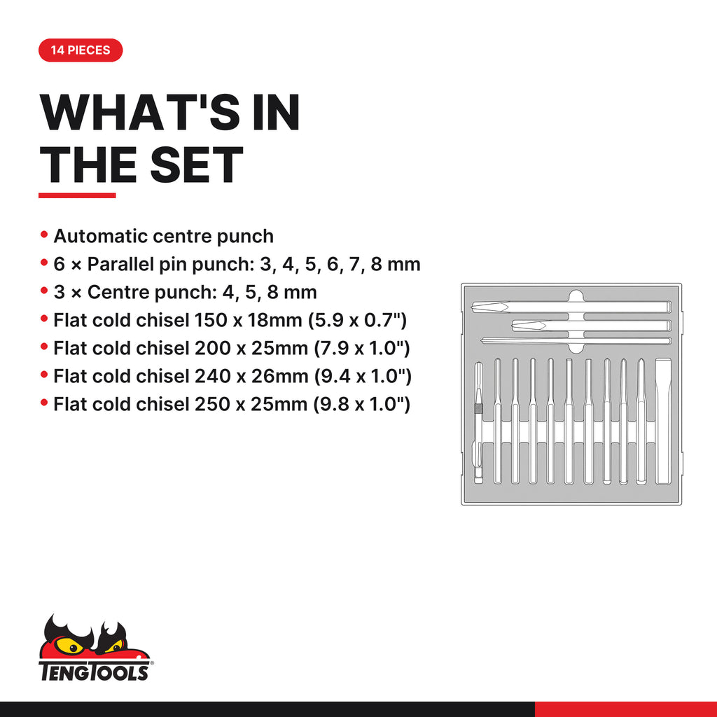 Teng Tools TEDPC14 Punch & Chisel Set FOAM2 14 Pieces, what's in the set