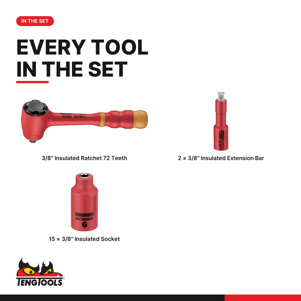 Teng Tools TEDV3818 3/8" Insulated Socket Set FOAM2 18 Pieces, every tool in the set
