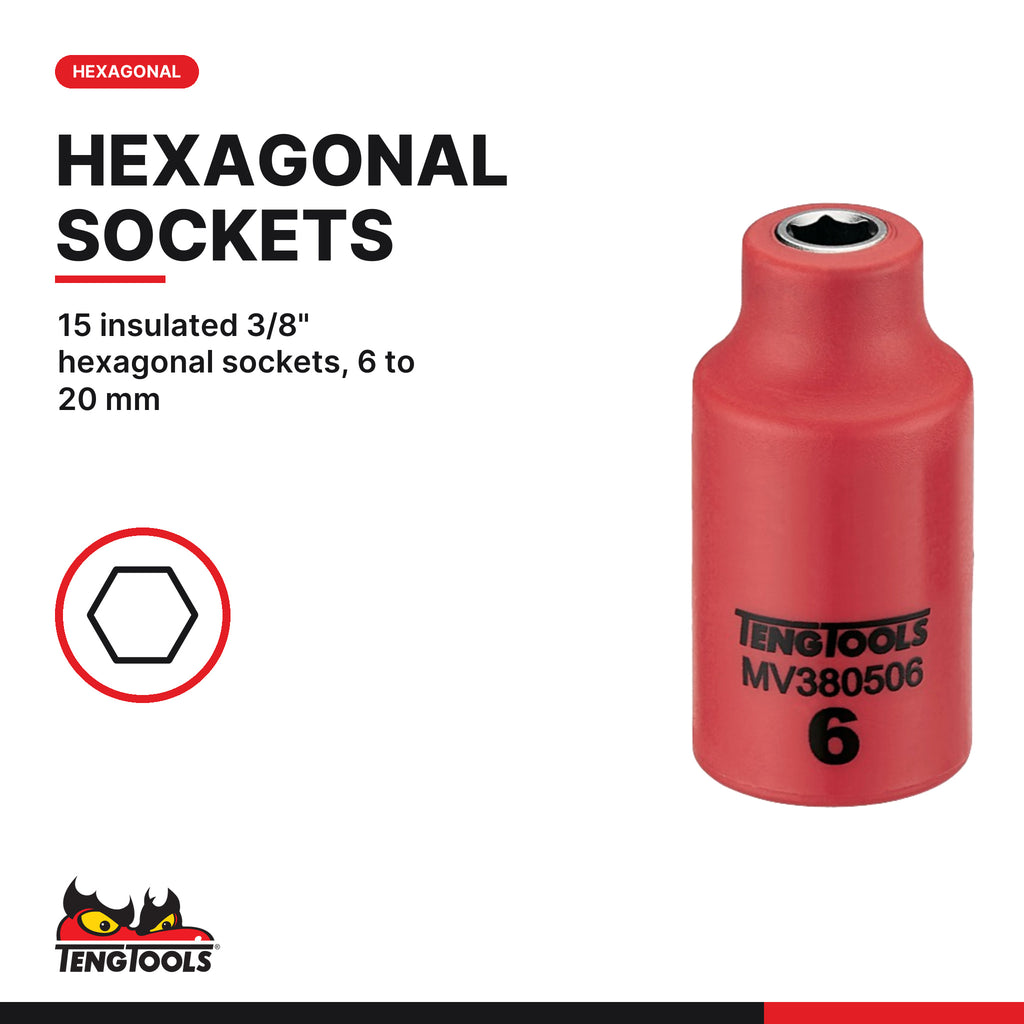 Teng Tools TEDV3818 3/8" Insulated Socket Set FOAM2 18 Pieces, 15 insulated 3/8" hexagonal sockets, 6 to 20 mm