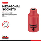Teng Tools TEDV3818 3/8" Insulated Socket Set FOAM2 18 Pieces, 15 insulated 3/8" hexagonal sockets, 6 to 20 mm