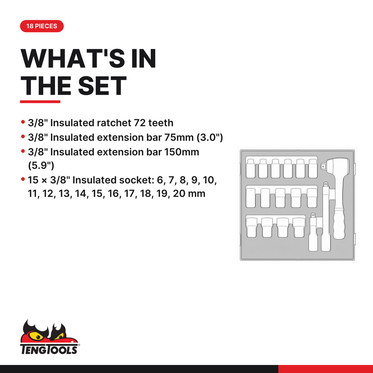 Teng Tools TEDV3818 3/8" Insulated Socket Set FOAM2 18 Pieces, what's in the tray