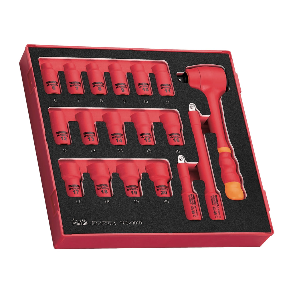 Teng Tools TEDV3818 3/8" Insulated Socket Set FOAM2 18 Pieces on a white background