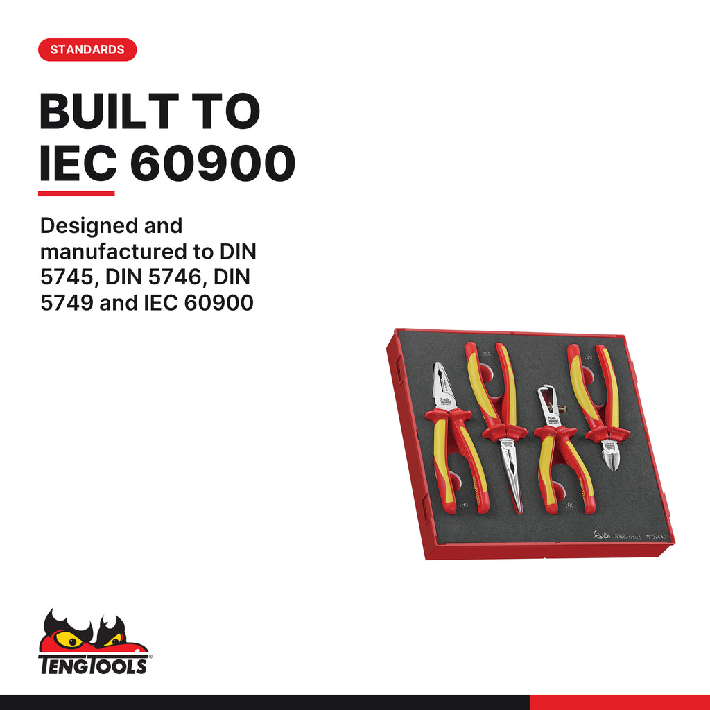 Teng Tools TEDV440 Insulated Plier Set FOAM2 4 Pieces, designed and manufactured to DIN 5745, DIN 5746, DIN 5749 and IEC