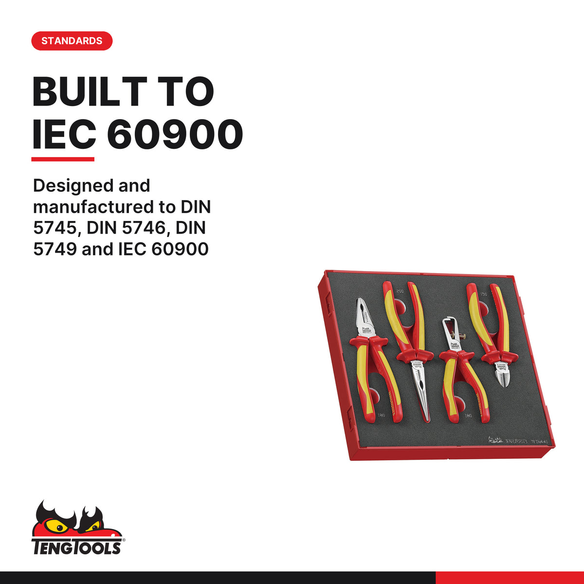 Teng Tools TEDV440 Insulated Plier Set FOAM2 4 Pieces, designed and manufactured to DIN 5745, DIN 5746, DIN 5749 and IEC