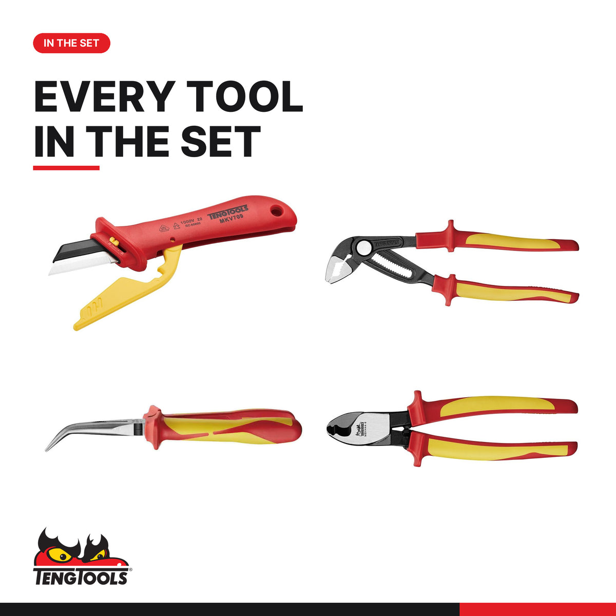 Teng Tools TEDVMB08 Insulated Plier & Knife Set FOAM2 8 Pieces, every tool in the set