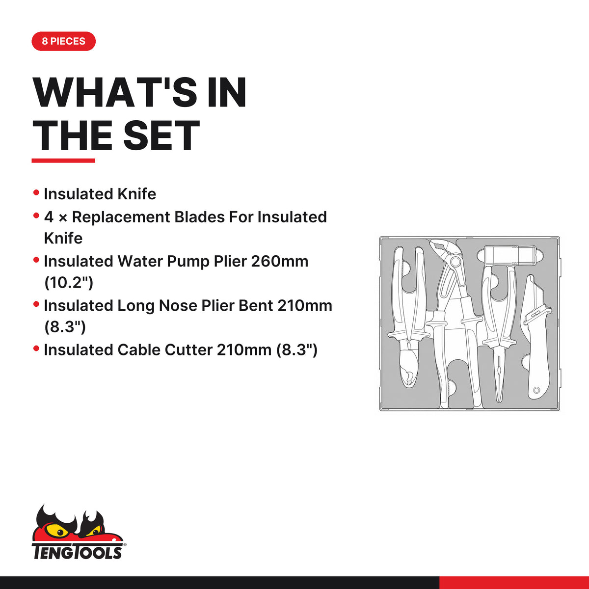 Teng Tools TEDVMB08 Insulated Plier & Knife Set FOAM2 8 Pieces, what's in the tray