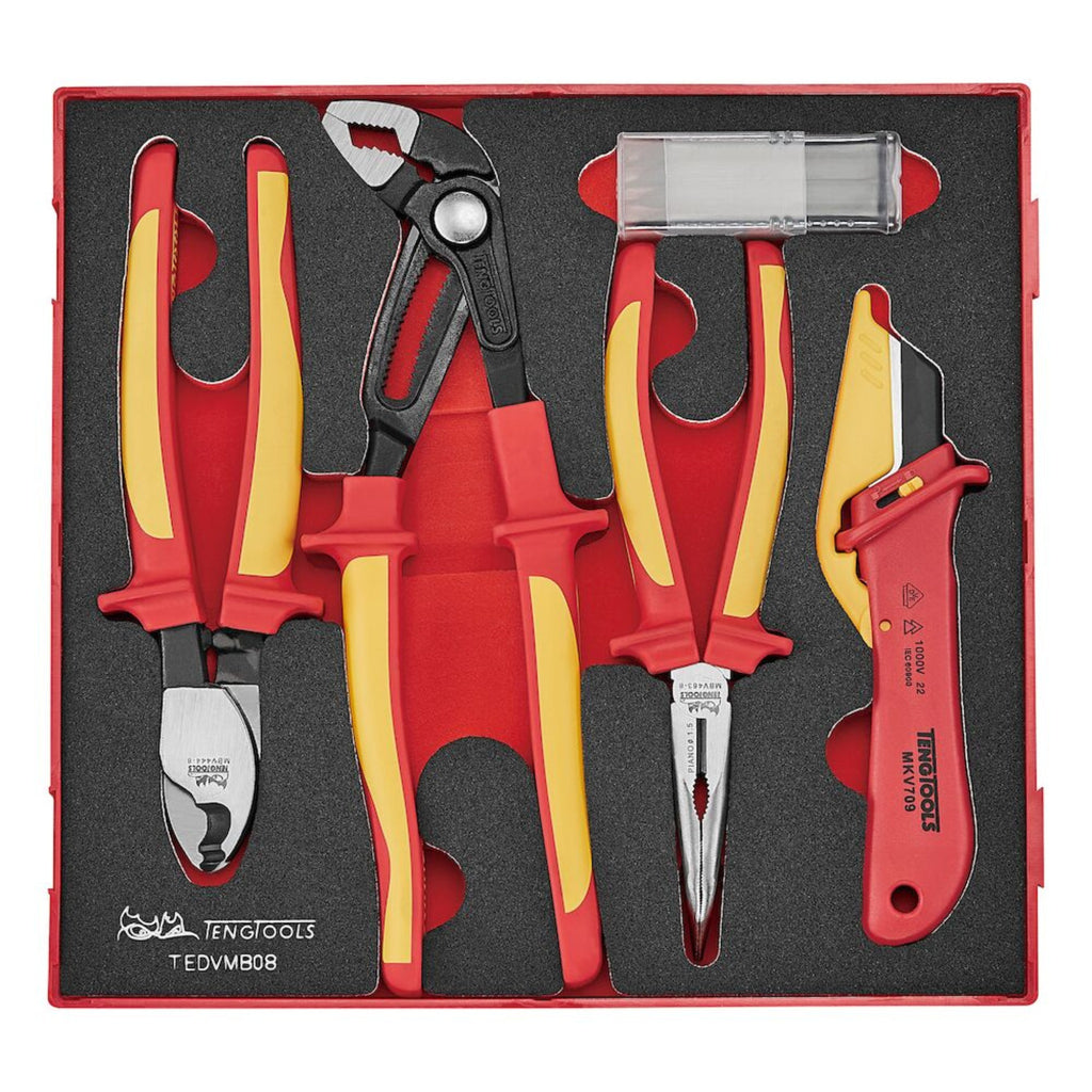 Teng Tools TEDVMB08 Insulated Plier & Knife Set FOAM2 8 Pieces on a white background