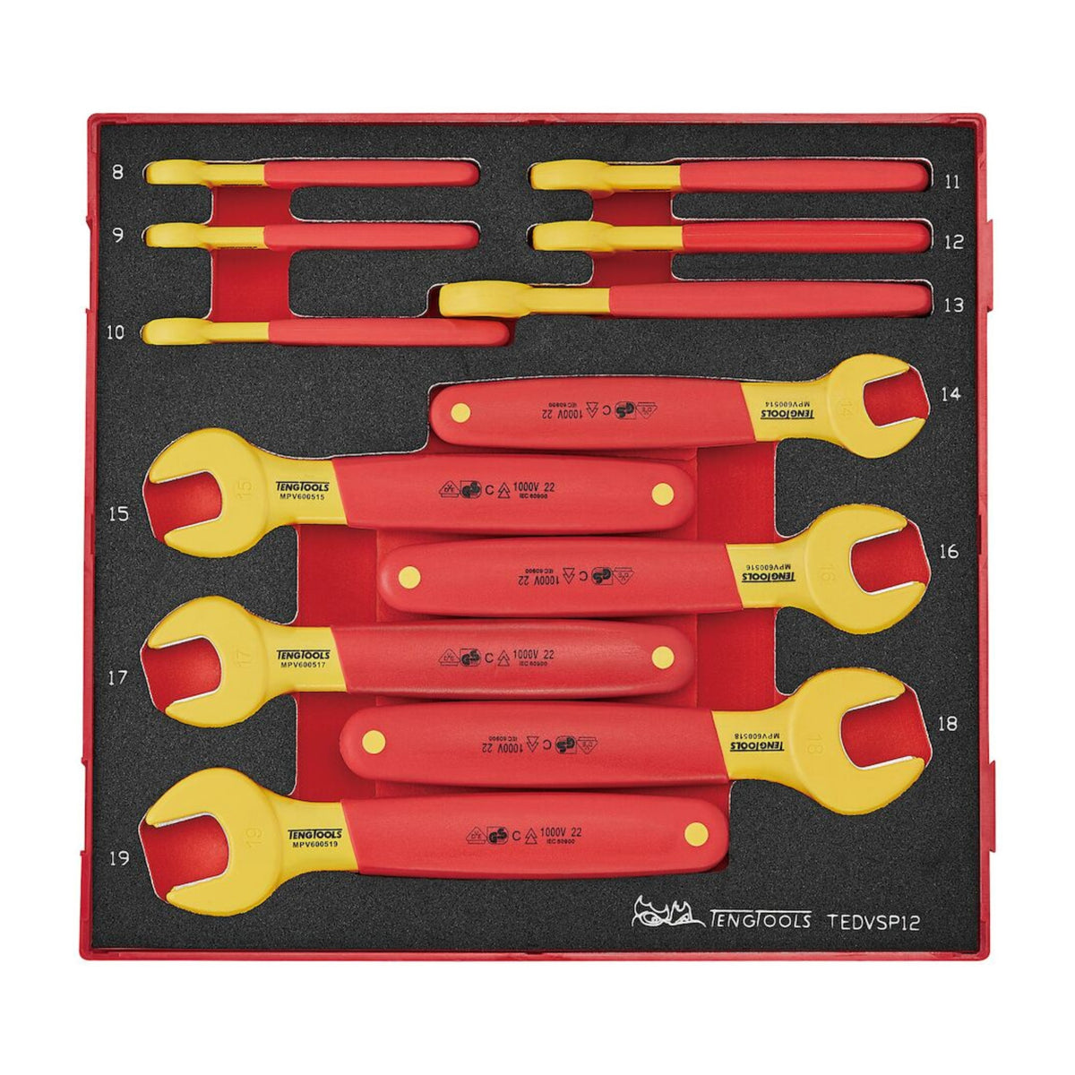 Teng Tools TEDVSP12 Insulated Spanner Set FOAM2 12 Pieces on a white background