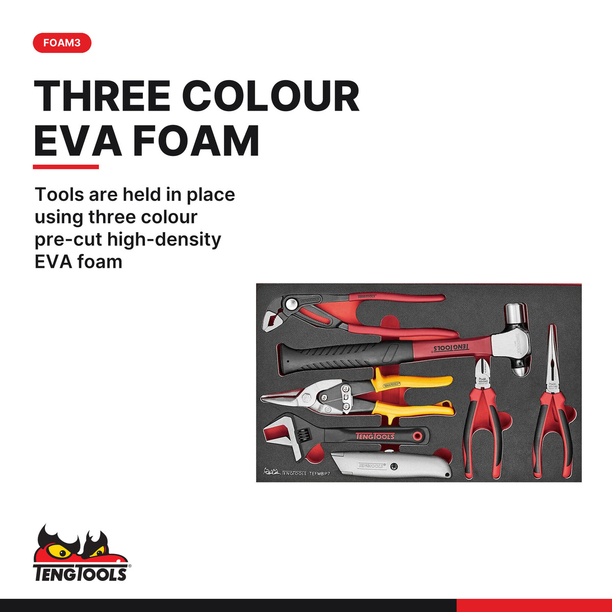 Teng Tools TEFMBP7 General Tool Set BP FOAM3 7 Pieces, tools are held in place using three colour pre-cut high-density eva fo