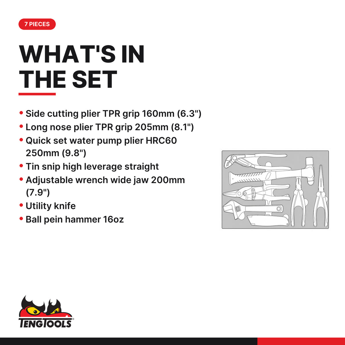 Teng Tools TEFMBP7 General Tool Set BP FOAM3 7 Pieces, what's in the tray