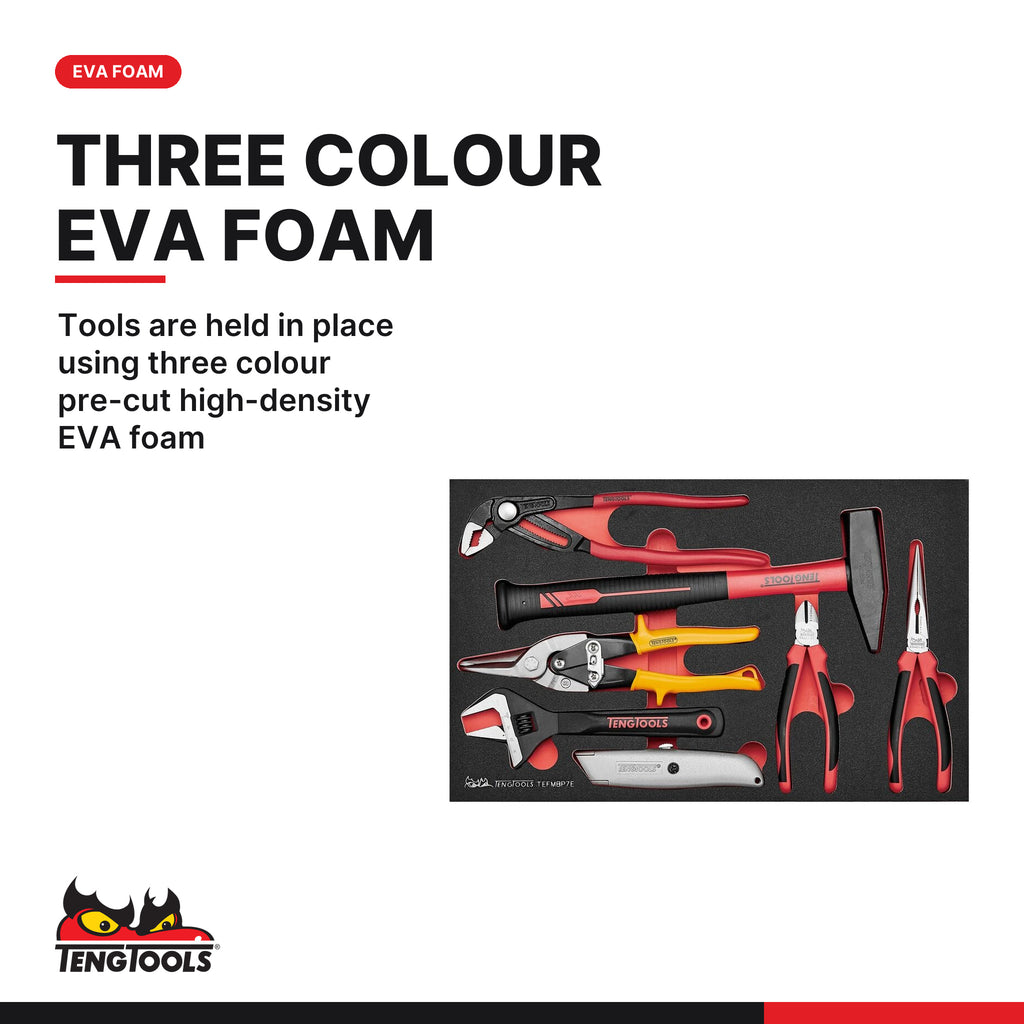 Teng Tools TEFMBP7E General Tool Set E FOAM3 7 Pieces, tools are held in place using three colour pre-cut high-density eva fo