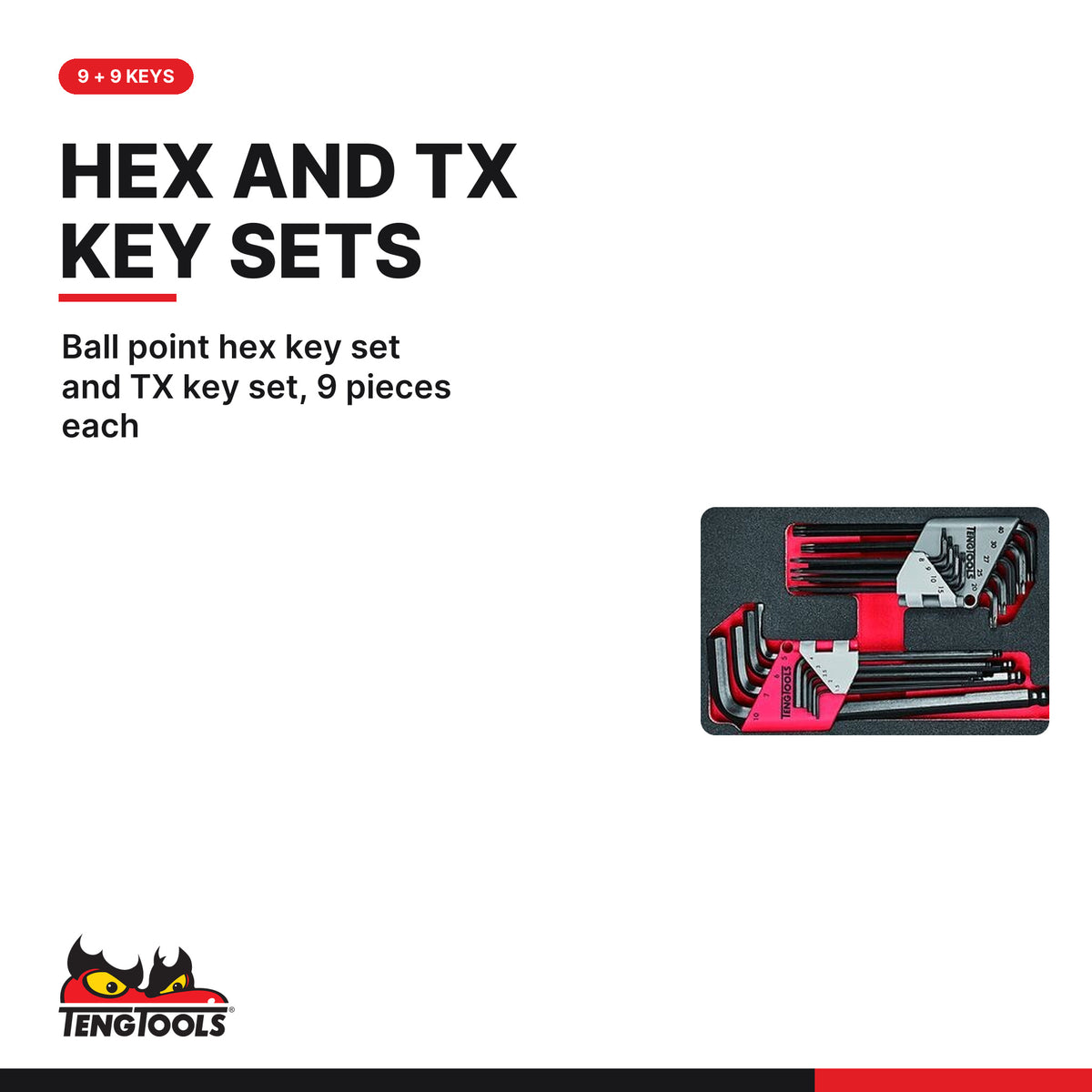 Teng Tools TEFMD54 Screwdriver & Hex/TX Key Set 1 FOAM3 54 Pieces, ball point hex key set and TX key set, 9 pieces each