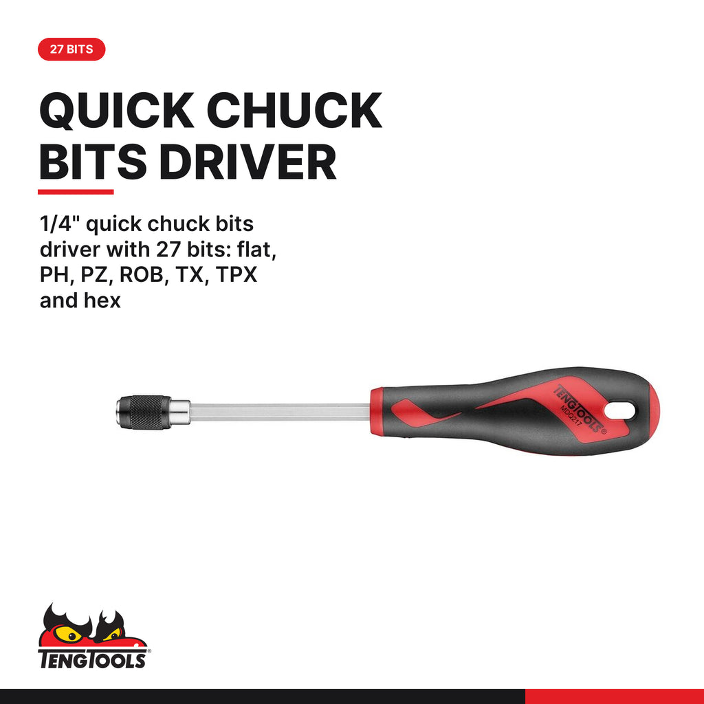 Teng Tools TEFMD54 Screwdriver & Hex/TX Key Set 1 FOAM3 54 Pieces, 1/4" quick chuck bits driver with 27 bits: flat, PH, PZ