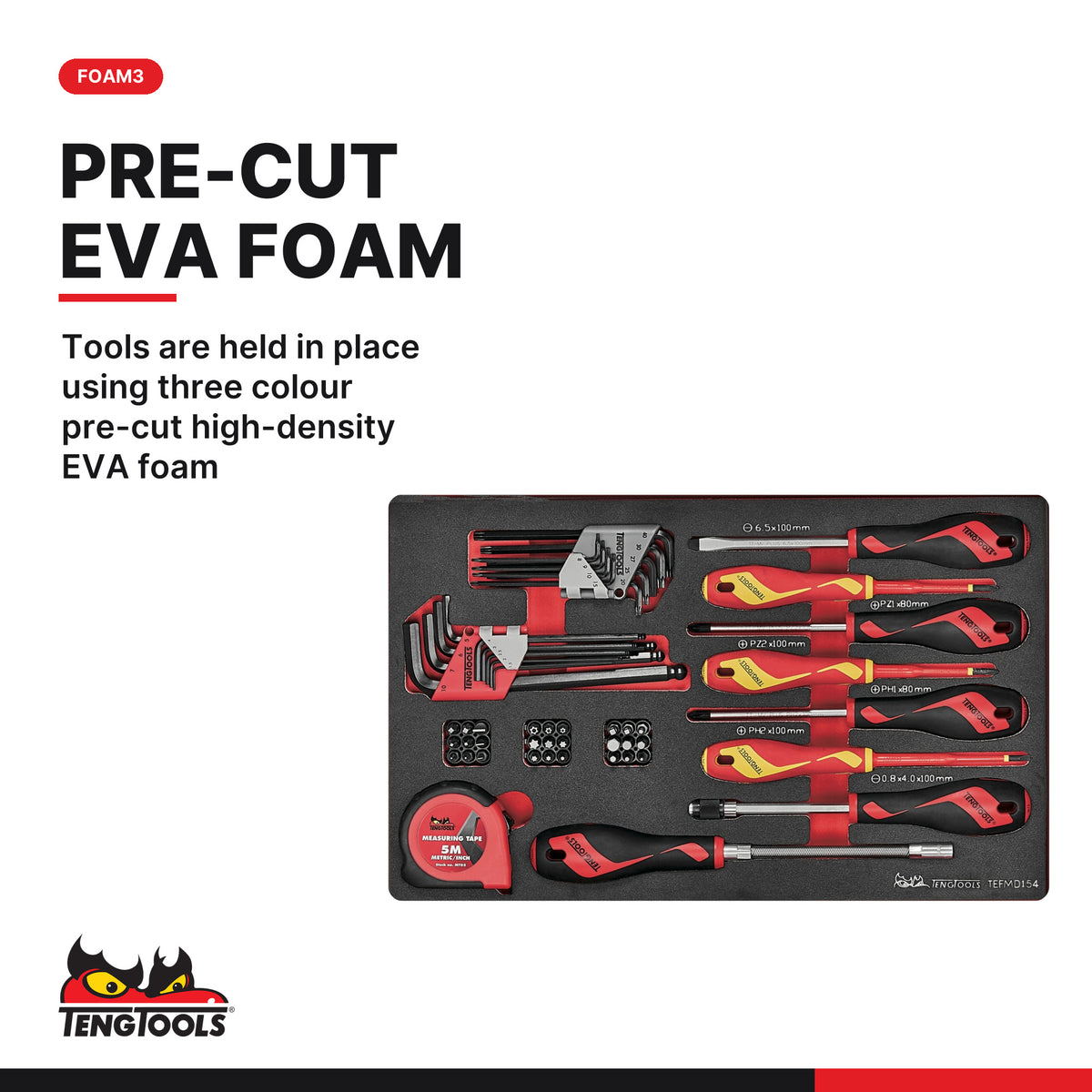 Teng Tools TEFMDI54 Screwdriver & Hex/TX Key Set 2 FOAM3 54 Pieces, tools are held in place using three colour pre-cut