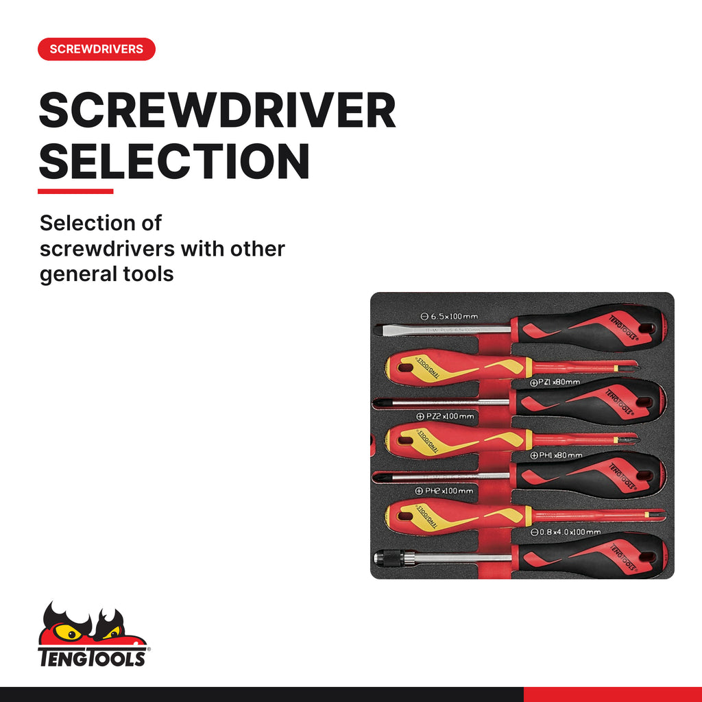 Teng Tools TEFMDI54 Screwdriver & Hex/TX Key Set 2 FOAM3 54 Pieces, selection of screwdrivers with other general tools
