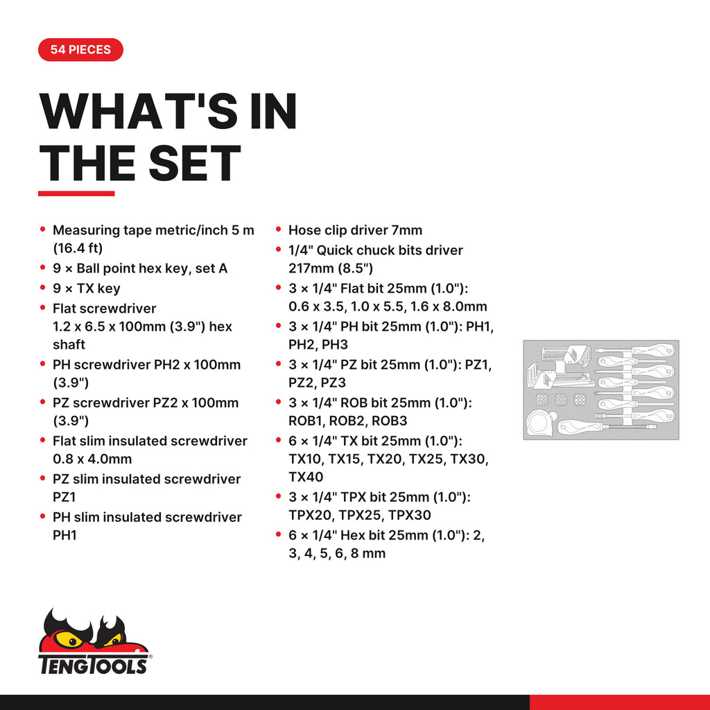 Teng Tools TEFMDI54 Screwdriver & Hex/TX Key Set 2 FOAM3 54 Pieces, what's in the tray