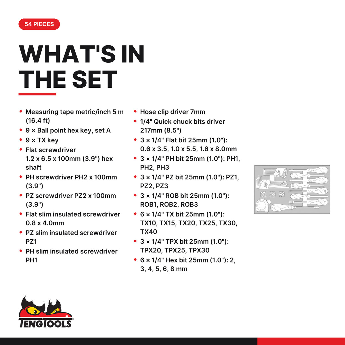 Teng Tools TEFMDI54 Screwdriver & Hex/TX Key Set 2 FOAM3 54 Pieces, what's in the tray