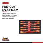 Teng Tools TEFMDV12 Insulated Screwdriver Set FOAM3 12 Pieces, three colour pre-cut high-density eva foam clearly shows where