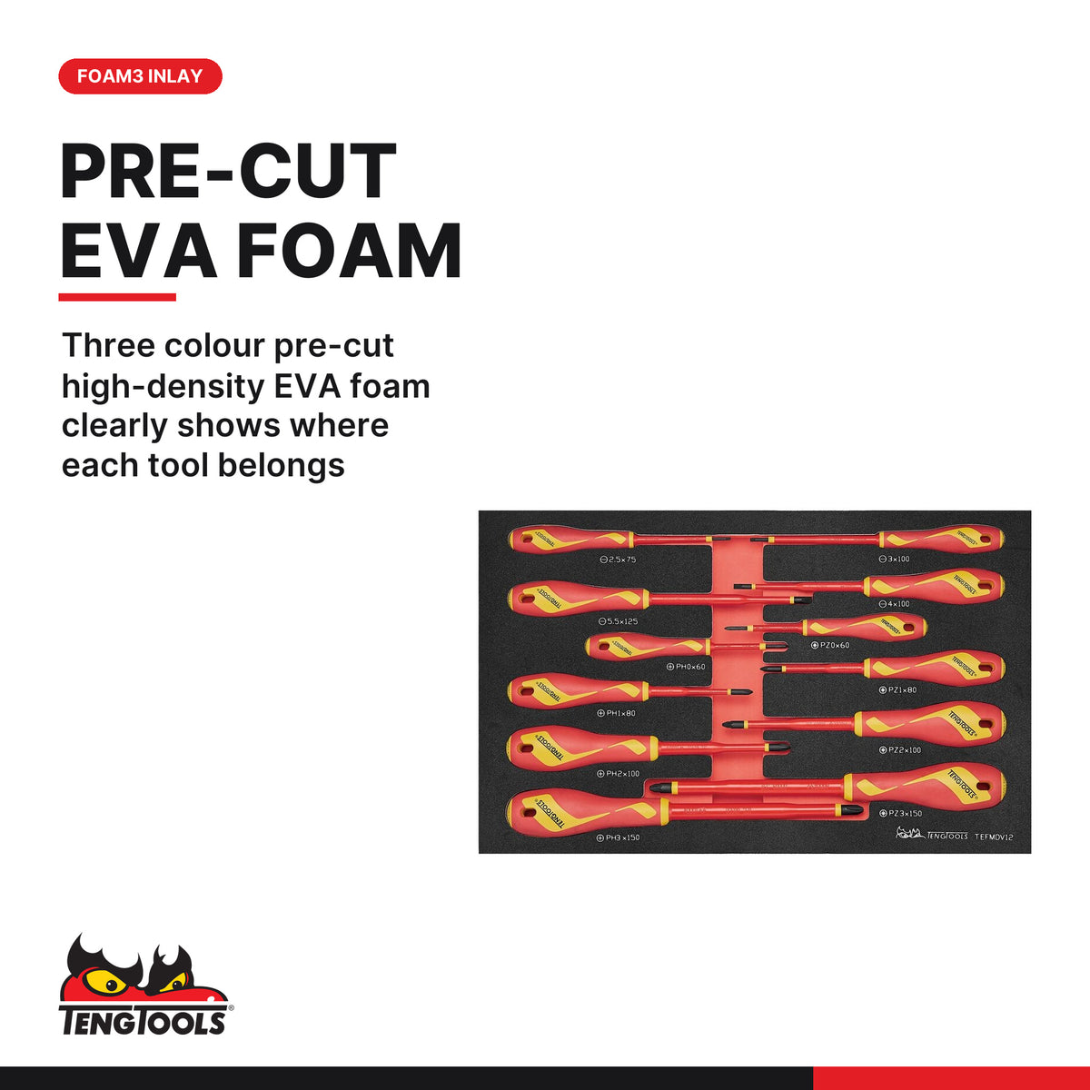 Teng Tools TEFMDV12 Insulated Screwdriver Set FOAM3 12 Pieces, three colour pre-cut high-density eva foam clearly shows where