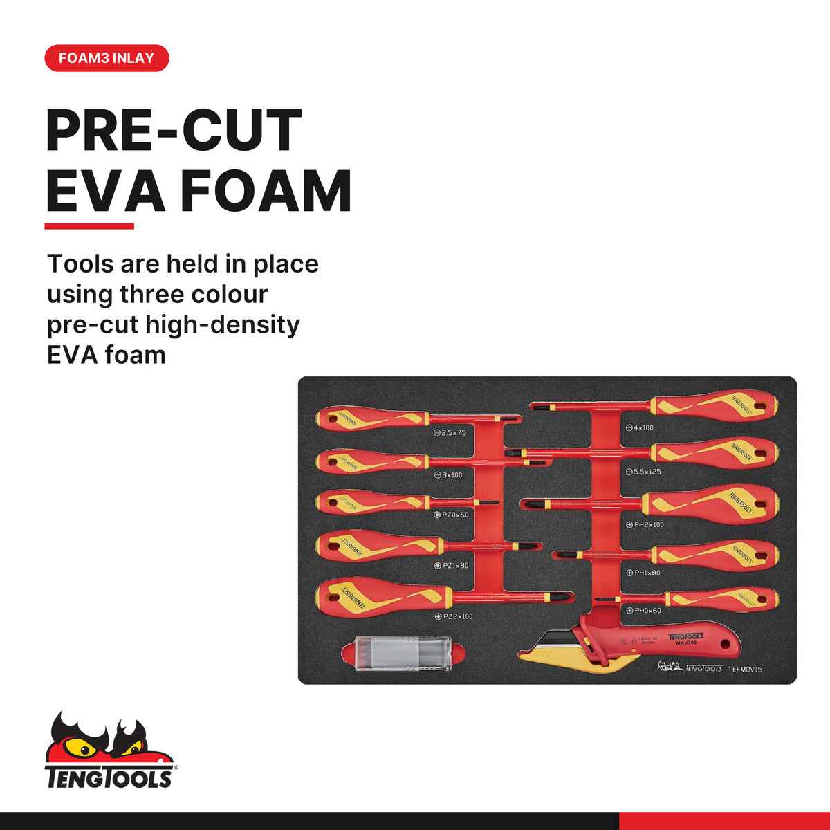 Teng Tools TEFMDV15 Insulated Screwdriver & Knife Set FOAM3 15 Pieces, tools are held in place using three colour pre-cut