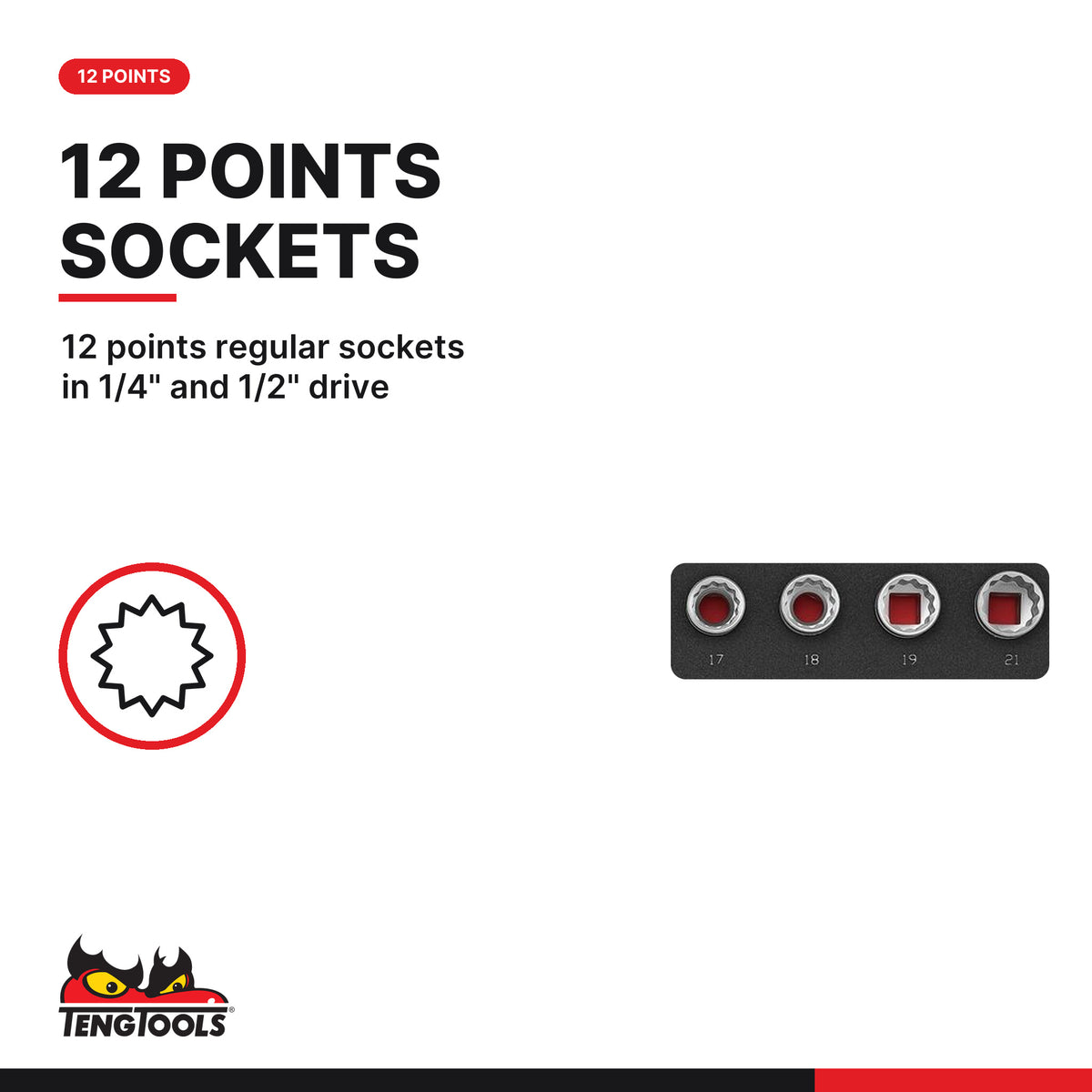 Teng Tools TEFSK44 1/4" & 1/2" Socket Set FOAM3 44 Pieces, 12 points regular sockets in 1/4" and 1/2" drive