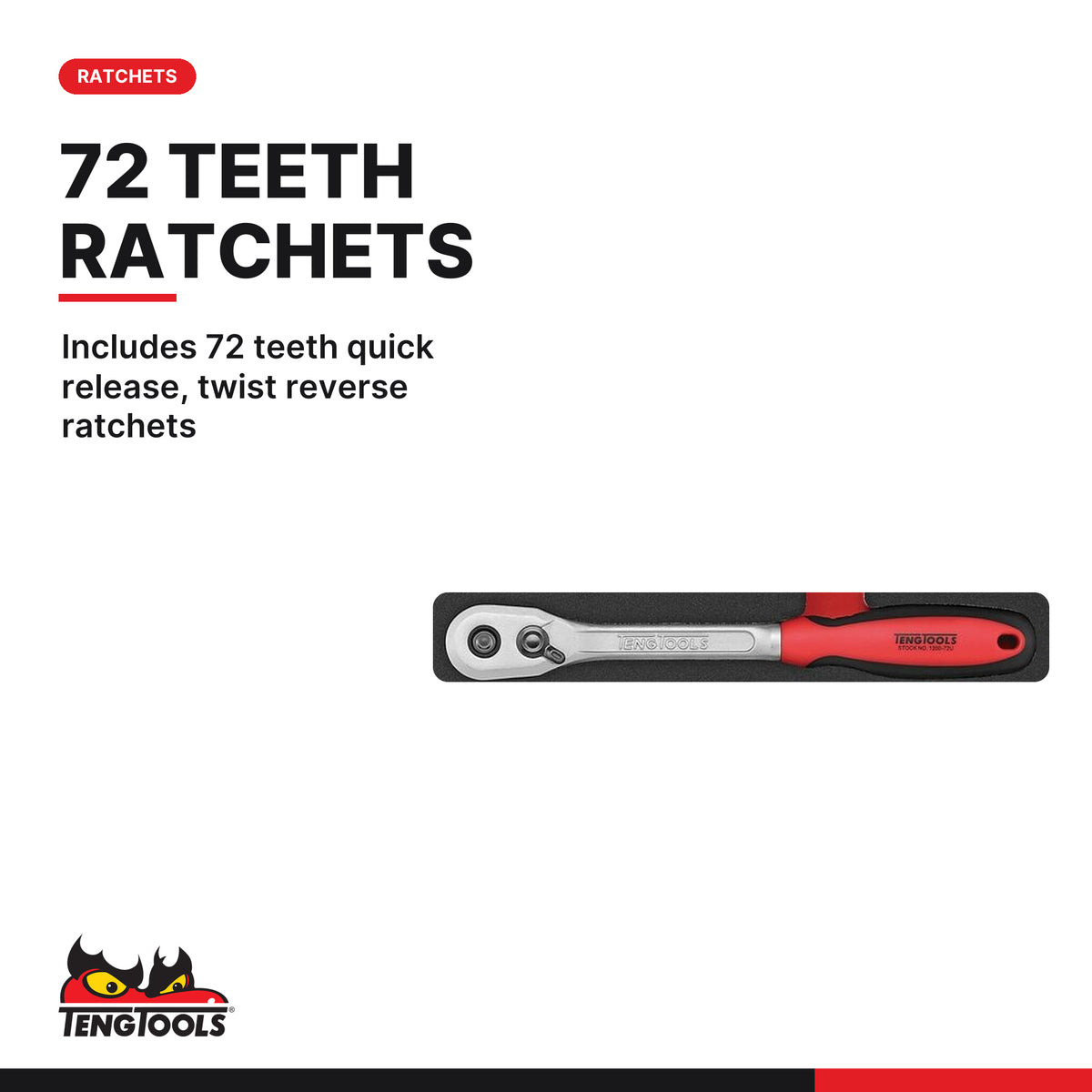 Teng Tools TEFSK44 1/4" & 1/2" Socket Set FOAM3 44 Pieces, includes 72 teeth quick release, twist reverse ratchets