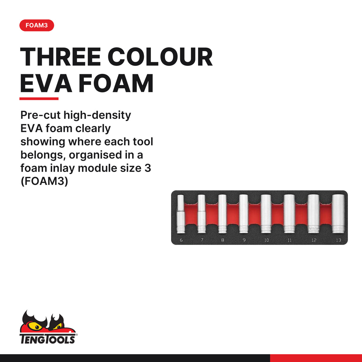 Teng Tools TEFSK44 1/4" & 1/2" Socket Set FOAM3 44 Pieces, pre-cut high-density eva foam clearly showing where each tool belo