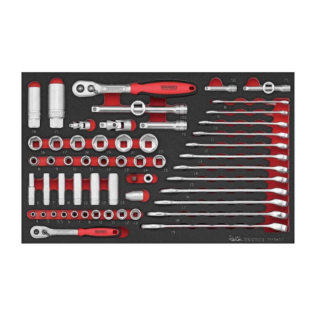 Teng Tools TEFSK57 Spanner & Socket Set FOAM3 57 Pieces on a white background